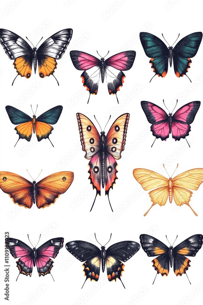 Poster a collection of colorful butterflies on a white background, ideal for use in illustrations and desig