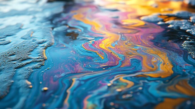 Colorful oily blobs create swirling patterns on water surface during sunset