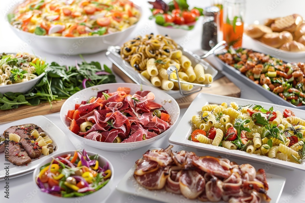 Poster assorted dishes and snacks on a table surface, ready for serving or presentation
