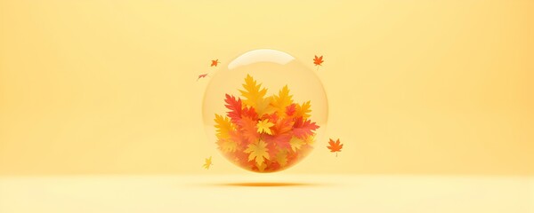 Encapsulated Autumn: A mesmerizing sphere gently cradles vibrant fall leaves, a fleeting moment of seasonal beauty captured in delicate detail. 