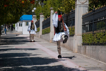 Athens, Greece / September 2023: The presidential palace guard in traditional Greek Tsolias outfit. 