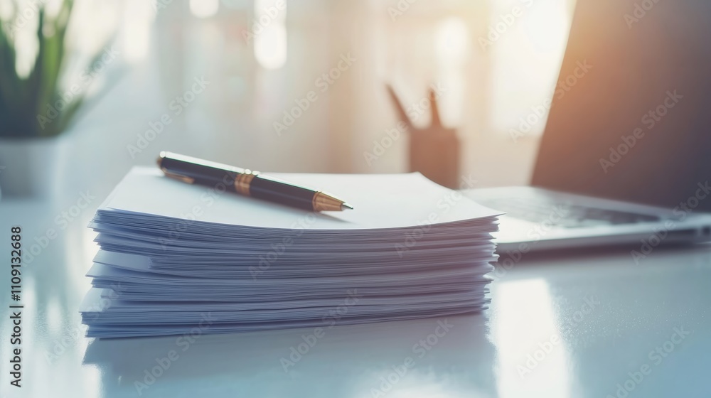 Poster Stack of papers lying on office desk with pen on top and laptop in background, creating professional office workspace ambiance
