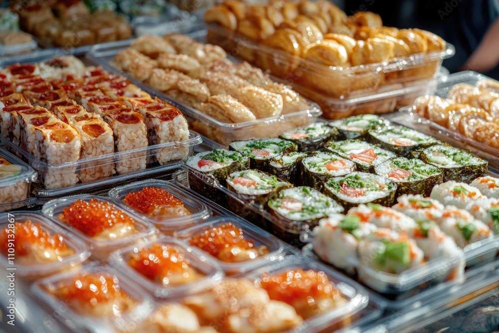 Poster a variety of food items displayed in a glass case, suitable for use as stock image in restaurant or 