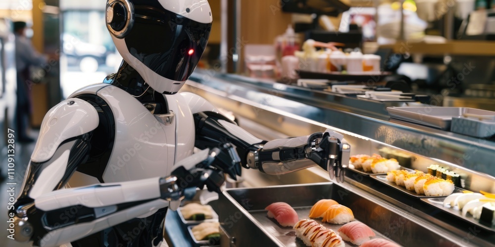 Poster A robot stands in front of a colorful sushi display, perfect for technology or food-related themes