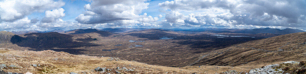 A sweeping panoramic view showcases a vast, rugged landscape of moorlands dotted with scattered lochs under a dramatic sky. Rolling hills and distant peaks add depth to this serene, untamed wilderness