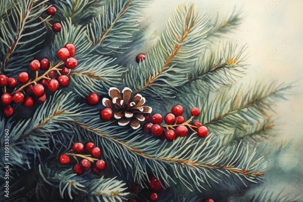 Aufkleber a pine tree with ripe berries and scattered pine cones on the ground
