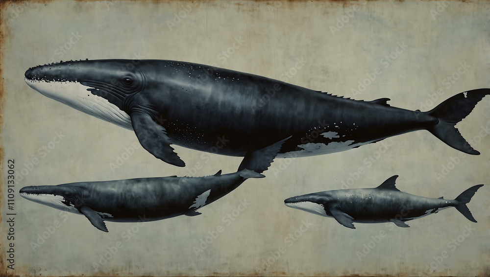 Poster whales, left side view with empty right space.
