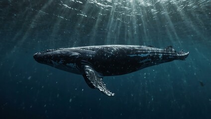 Obraz premium Whale swimming underwater, illustrated with generative AI.