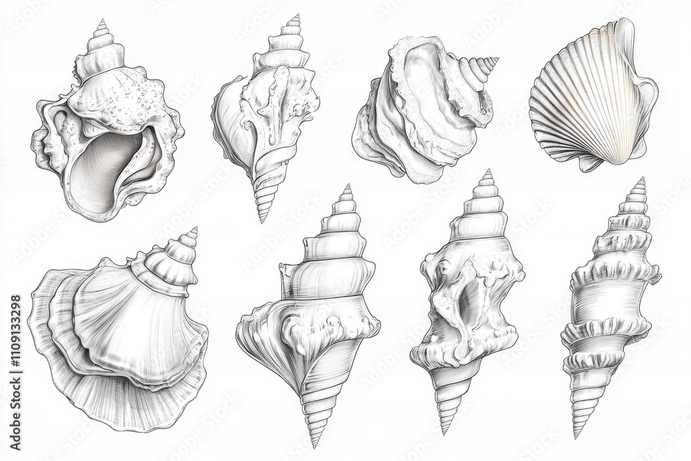 Poster Collection of various seashells on a beach or in a shell shop