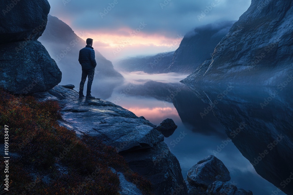 Poster a person standing at the edge of a cliff overlooking a body of water, with scenic views in the backg