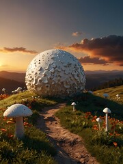 Obraz premium Whimsical 3D hill with mushrooms and a white orb at sunset.