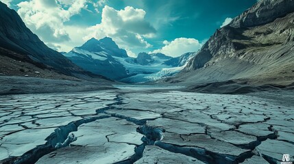 Melting glaciers, cracked earth, climate change, sustainable solutions, reforestation, and human adaptation in a photo-realistic landscape.