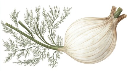One whole fennel bulb with fronds, transparent background 