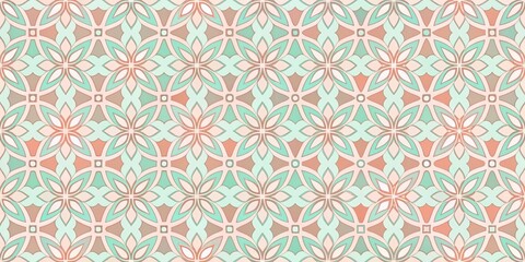 Obraz premium Abstract Geometric Pattern With Interlocking Floral Motifs in Soft Peach, Mint, and White Hues