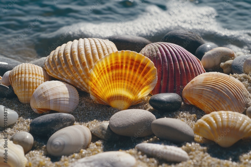 Poster coastal scenery with various seashells and rocks found on the beach