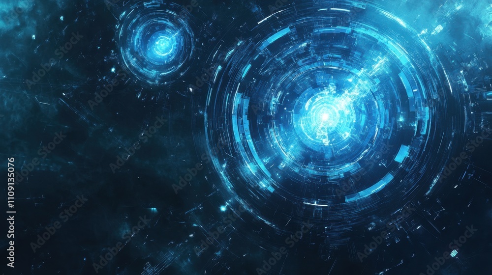 Poster dynamic blue circular patterns glow vividly on a dark blue canvas, making a bold statement for futur