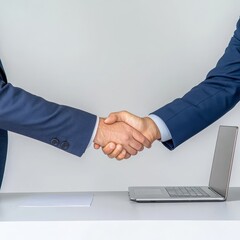 Two individuals shake hands confidently in a professional setting, with a laptop on the table, symbolizing partnership and business agreements.