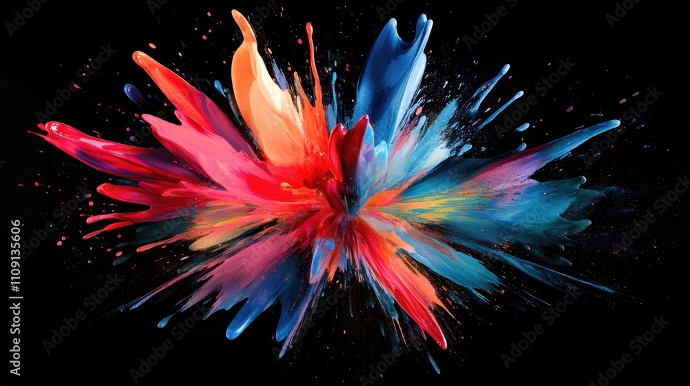 Poster dynamic burst of vibrant paint splashes in bold hues, creating a mesmerizing abstract pattern on a b