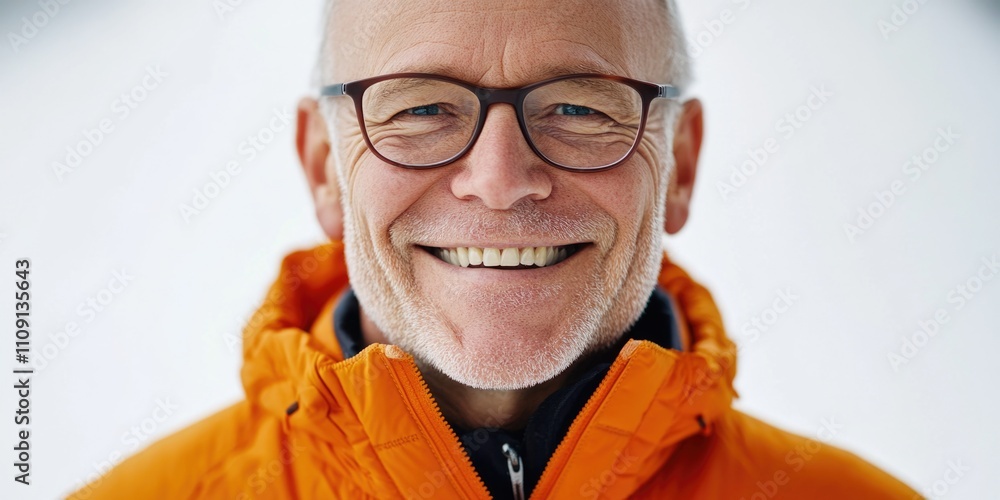 Poster a person wearing glasses and an orange jacket, possibly for casual daily use or as part of a uniform