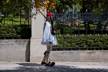 Athens, Greece / September 2023: The presidential palace guard in traditional Greek Tsolias outfit. 