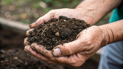 Farmer's hands holding fertile soil as a symbol of caring for nature and ecology.