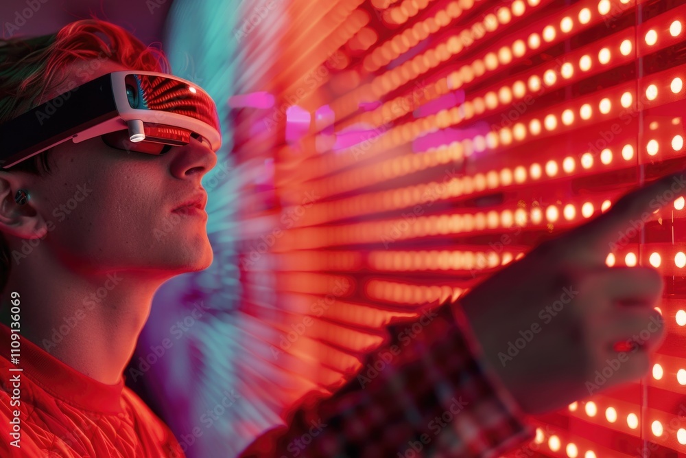 Poster a person uses a virtual reality headset and controller for an immersive experience