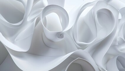 Curved, overlapping sheets of white paper create an abstract, flowing pattern with subtle textures and shadows
