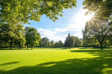 Fototapeta premium Park scene with sunlight shining through tree branches