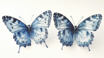 Obraz premium Close-up view of two blue butterflies perched on a white surface, illustration or decoration