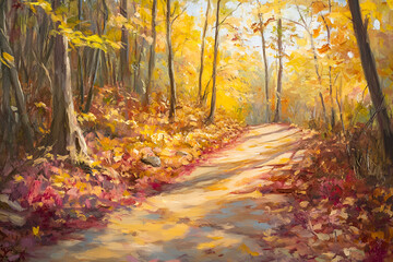 Fototapeta premium Serene autumn scene featuring a sunlit pathway lined with colorful fall foliage, creating a picturesque escape into nature's beauty.