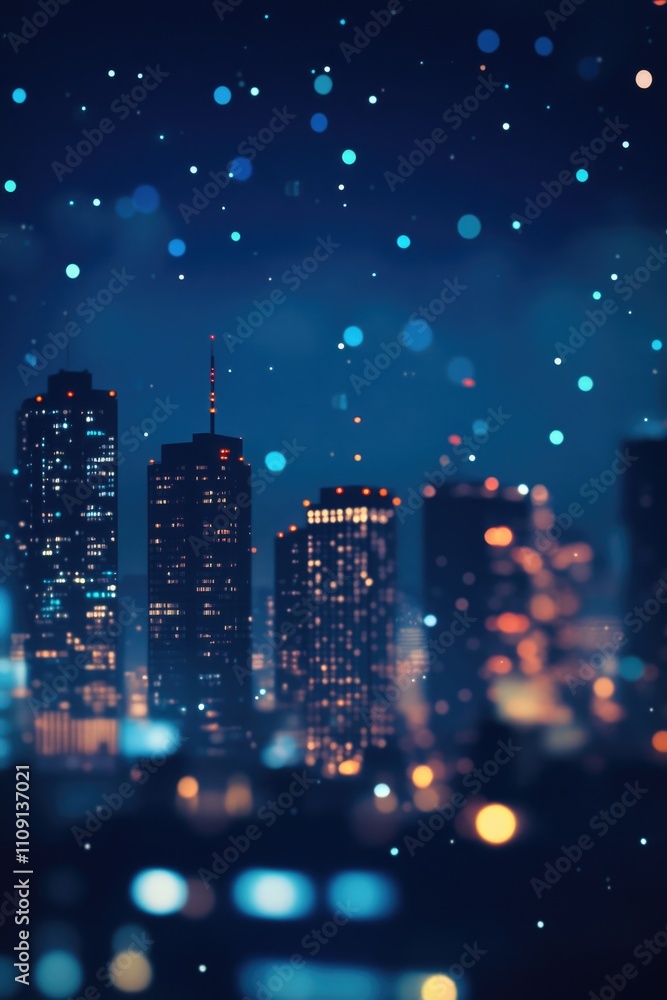 Poster a view of a city at night from a distance, suitable for use in urban planning or architecture projec