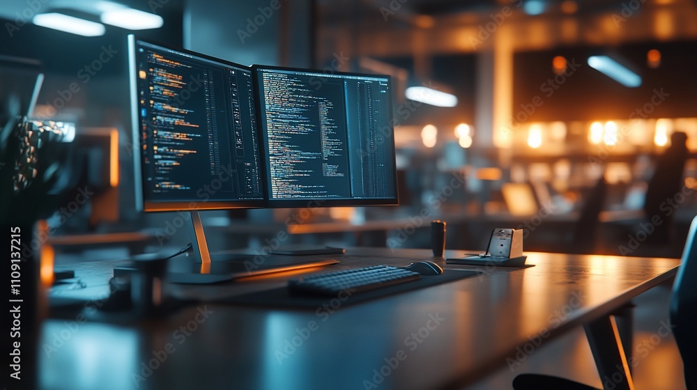 Aufkleber Programmer's desk with dual monitors displaying code in a modern office.