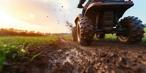 A farmer riding a quad bike, the bike splashing through a muddy trail on a misty morning