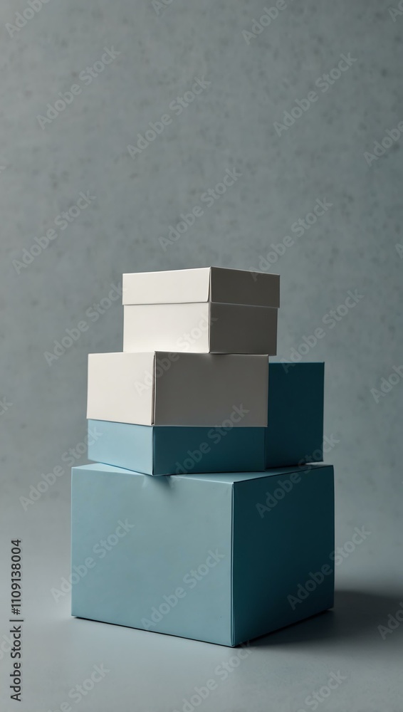 Poster white box with a blue base on a minimal background.