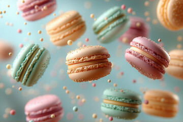 Obraz premium Delightful pastel macarons floating playfully in a whimsical culinary dreamscape. Generative AI