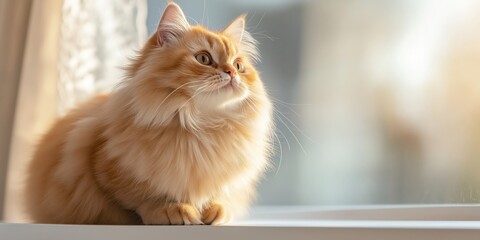 A low angle shot of a fluffy Persian cat perched on a sunlit windowsill