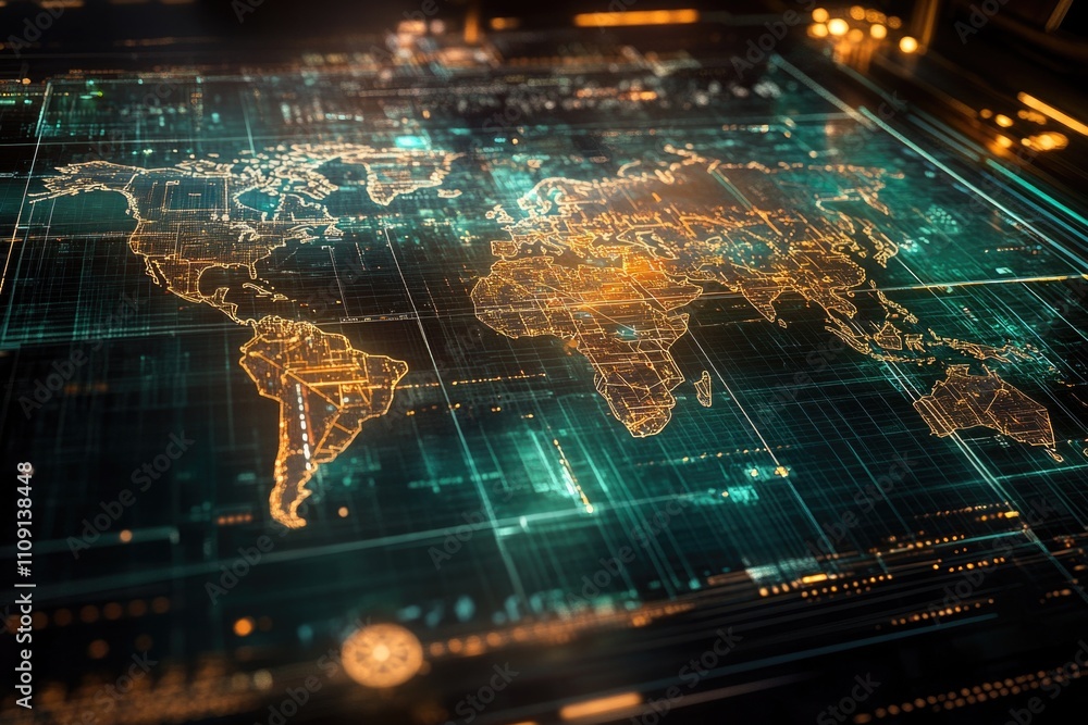 Poster a detailed digital map of the world displayed on a table, useful for presentations and educational p
