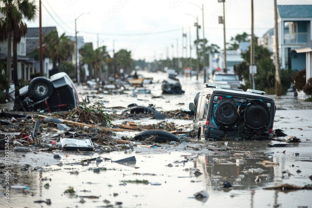 Poster a vehicle stranded in the midst of a flooded street, ideal for use in illustrations about natural di