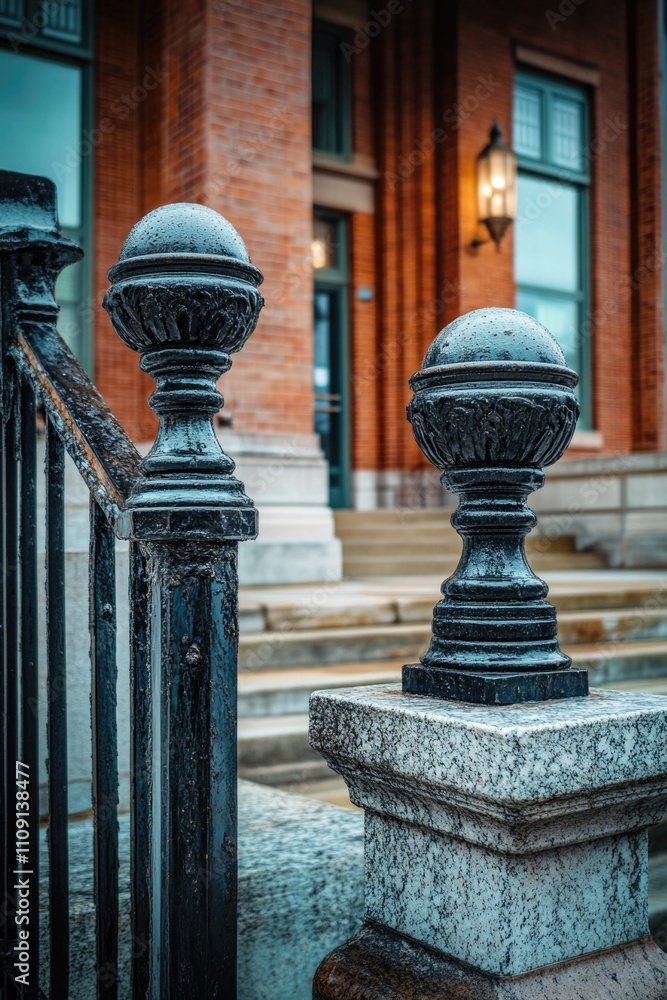 Poster a close-up shot of a railing near a building, suitable for use in architecture or construction conte