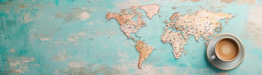 A weathered world map with pins marking travel routes, overlaid with a cup of coffee and a traveler s watch