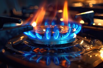 A gas stove with blue flames burning on top