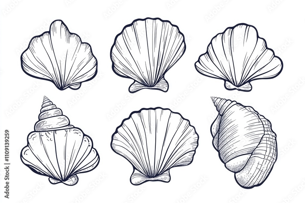 Poster A set of seashells depicted in ink on a white background, perfect for use in designs and illustrations related to beach and ocean themes