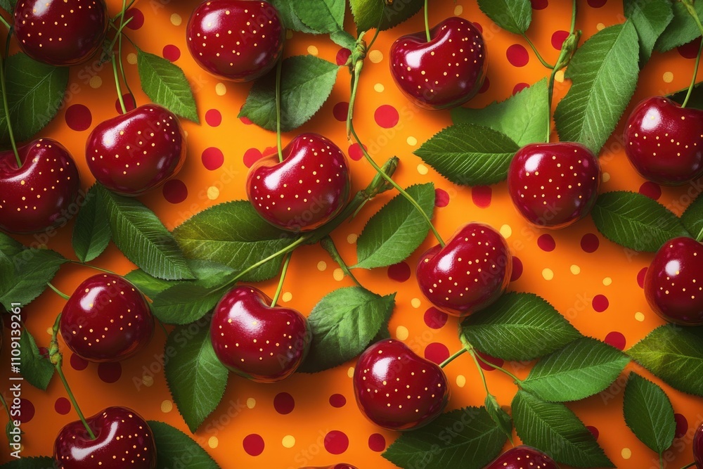 Poster a still life image featuring a cluster of cherries with green leaves on a vibrant orange background