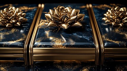 Three gold lotus flowers on dark blue marble boxes with gold accents.