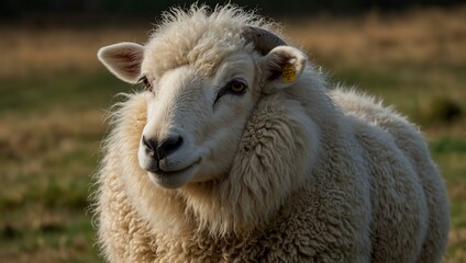 Fototapeta premium White ewe gazing forward, looking serene.