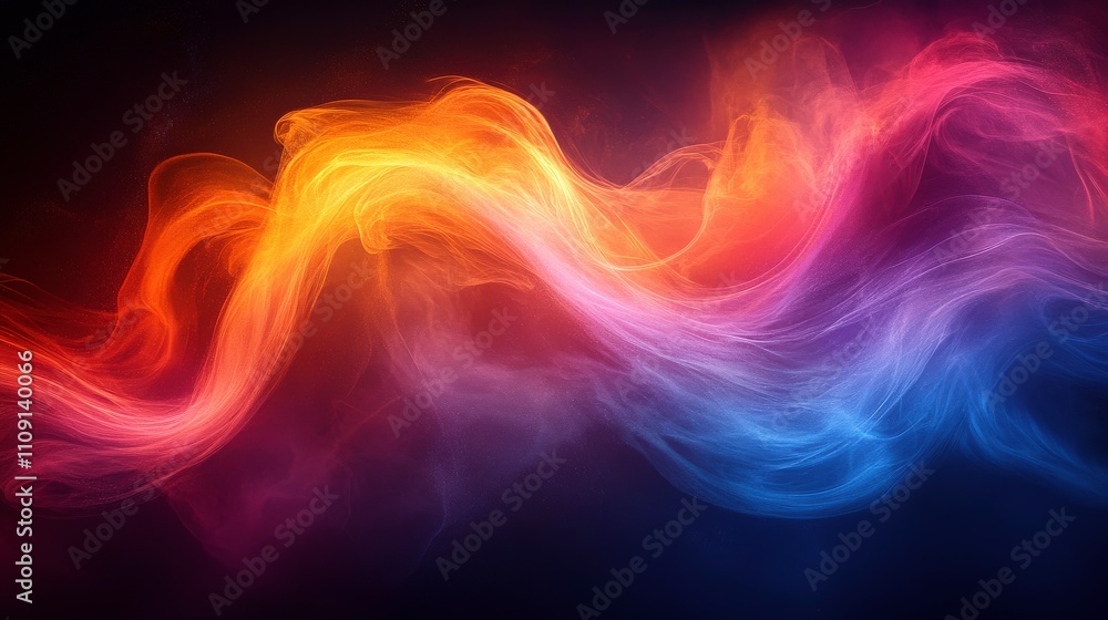 Poster vibrant abstract swirls of colorful smoke flowing in a dynamic pattern on a dark background, capturi