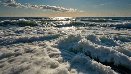Obraz premium White foam on the active sea surface on a sunny day.