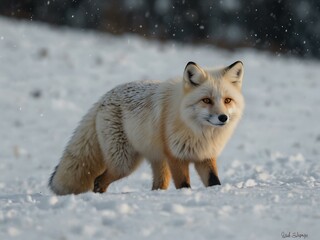 Obraz premium White fox in a snowy landscape.