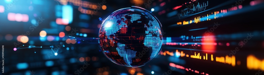 Poster a digital globe representing global connectivity and innovation in technology, with vibrant data str