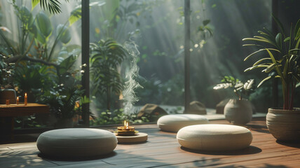 A minimalist meditation setup with floor cushions, incense, and plants, providing a calming environment for mental well-being and relaxation.